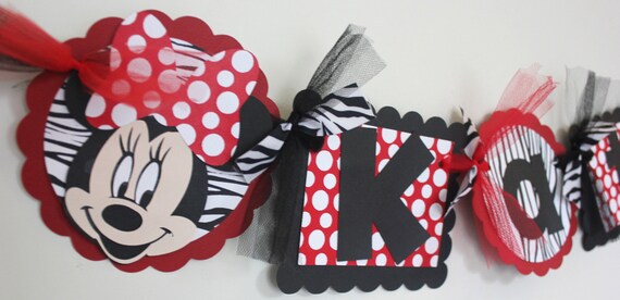 Minnie Mouse Name  Banner in red and zebra