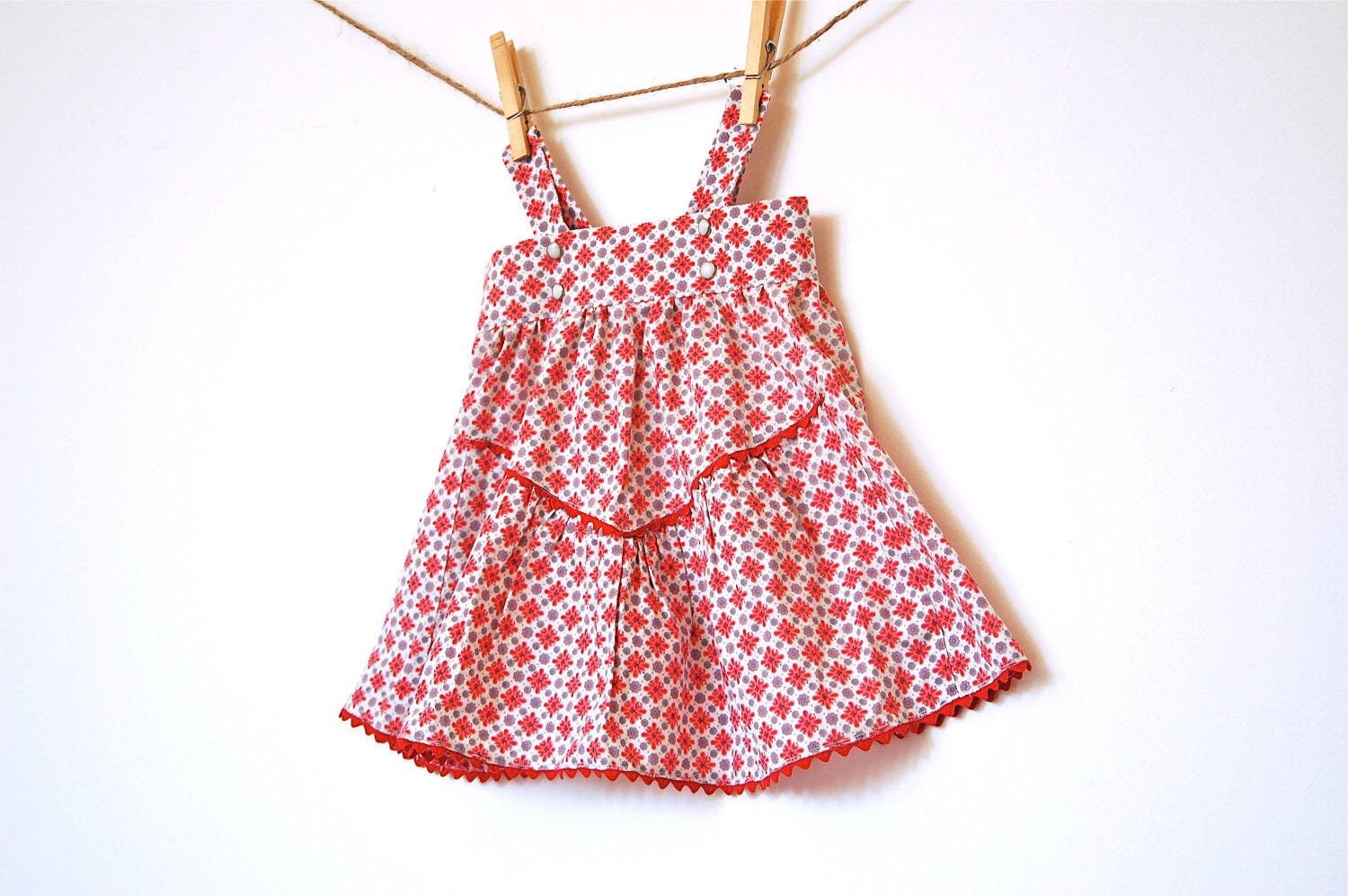 Upcycled Vintage Apron Dress / Red and PInk Geometric Floral / 'Sadie' 0-6 months / OOAK / Ready to Ship