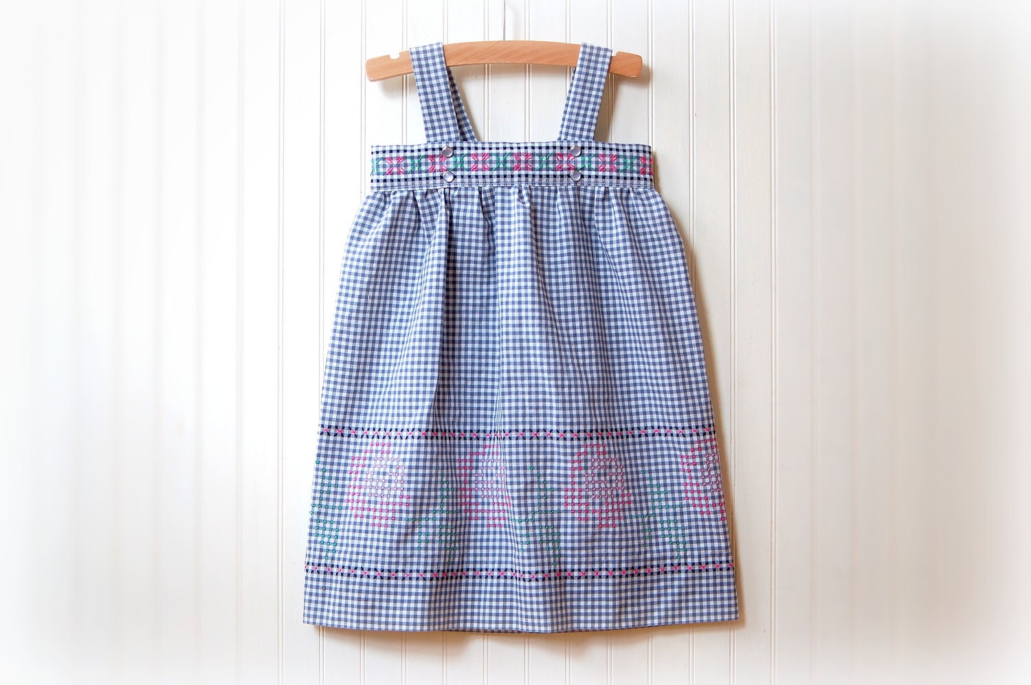 Upcycled Vintage Apron Dress / Gray Gingham with Pink Cross Stitch Detail / 'Maude' / 3T / OOAK