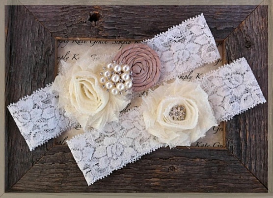 Ivory Bridal Garter and Toss Garter- Vintage Wedding Garter- Champange and Ivory Garter Set