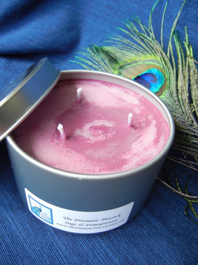 Ecofriendly Soy Candle 16oz Travel Tin Sage & Pomegranate Scented