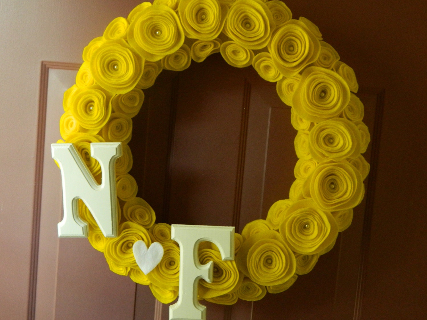 Wedding Wreath - Wedding Gift - Felt Flower Wreath with Pearls and Wood Letters