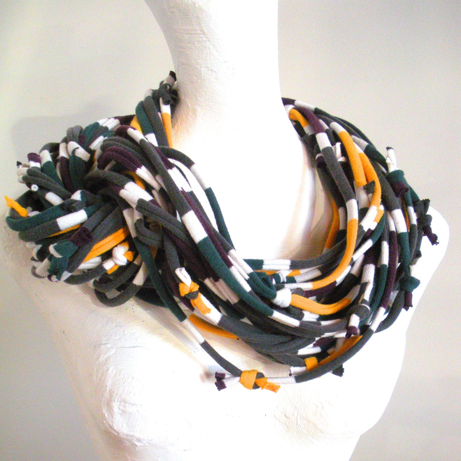 Chunky Multicolor Striped Infinity Scarf Upcycled Circle Scarf Gray White Green Gold Maroon Cowl Scarf Spring Fashion