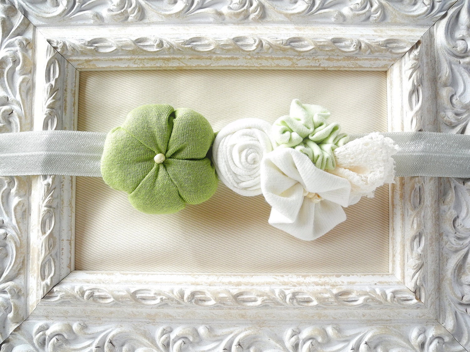 Baby headband fabric flower matching green white girl newborn baby child - handmade - ready to ship