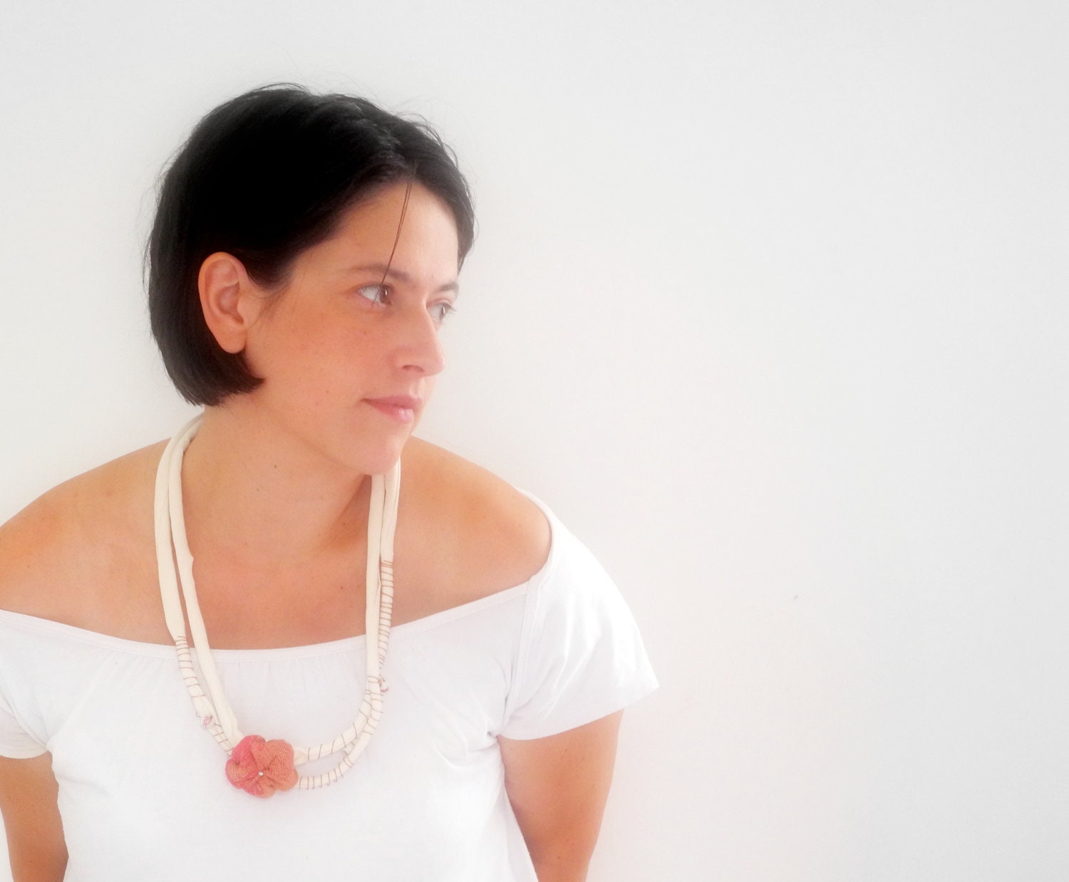 Fabric flower jersey necklace copper spirals ceramic beads OOAK handmade ready to ship