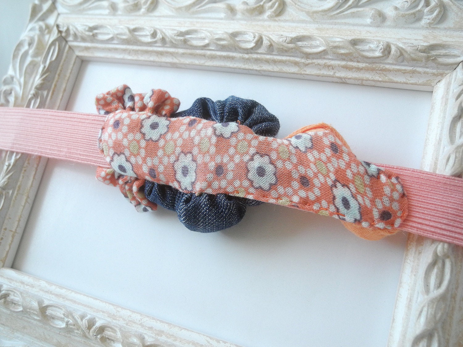 Denim elastic headband Shabby chic hairband fabric flower peach jeans matching girl newborn baby child - handmade - ready to ship