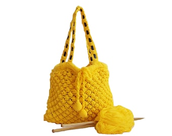 ON SALE.. Handmade knit bag- Yellow bag- Knit bag- Useful handbag- Daily bag- Leather handle