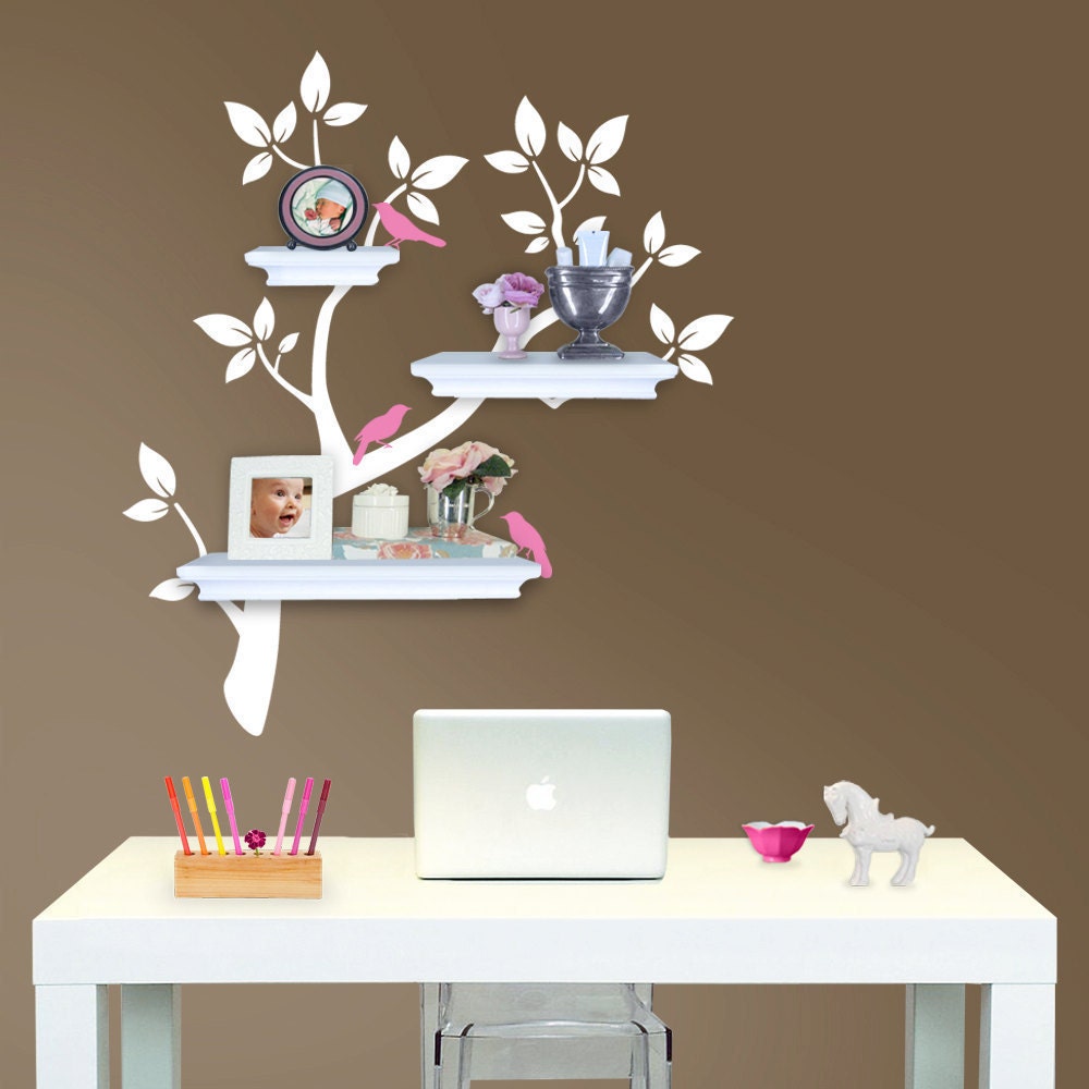 Tree Branch Decal with Birds for Shelves - Gender Neutral - Nursery Storage - Home Office Wall Organizer - Tree Wall Decals