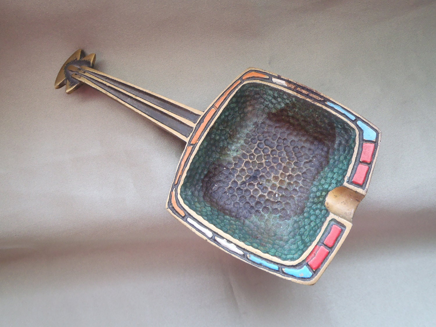 Judaica vintage brass guitar/banjo shape ashtray with enameling made  in Israel