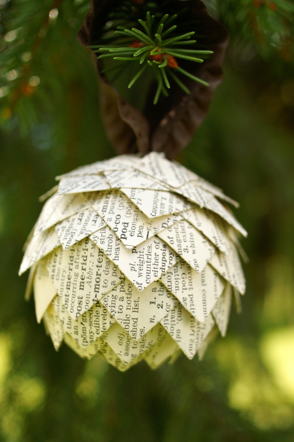 Pinecone Christmas Ornament- Ornament made from dictionary pages, ball shaped ornament, upcycled paper ornament