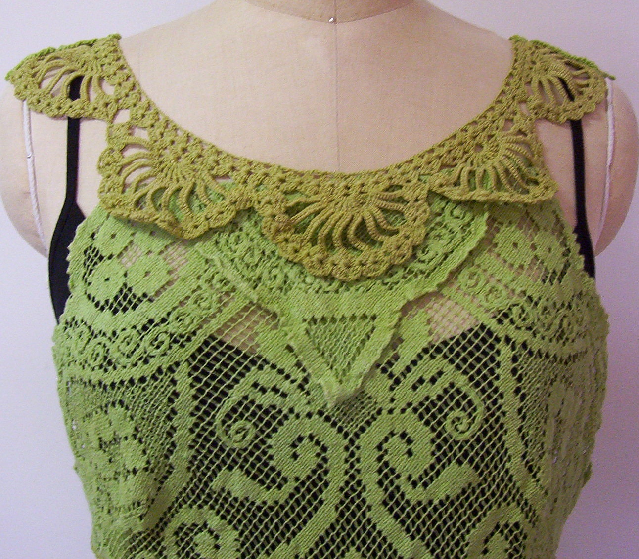 Hand Dyed Vintage Overlace Green Doily Lace Shabby Chic Gypsy Top Boho Hippie Romantic Tank