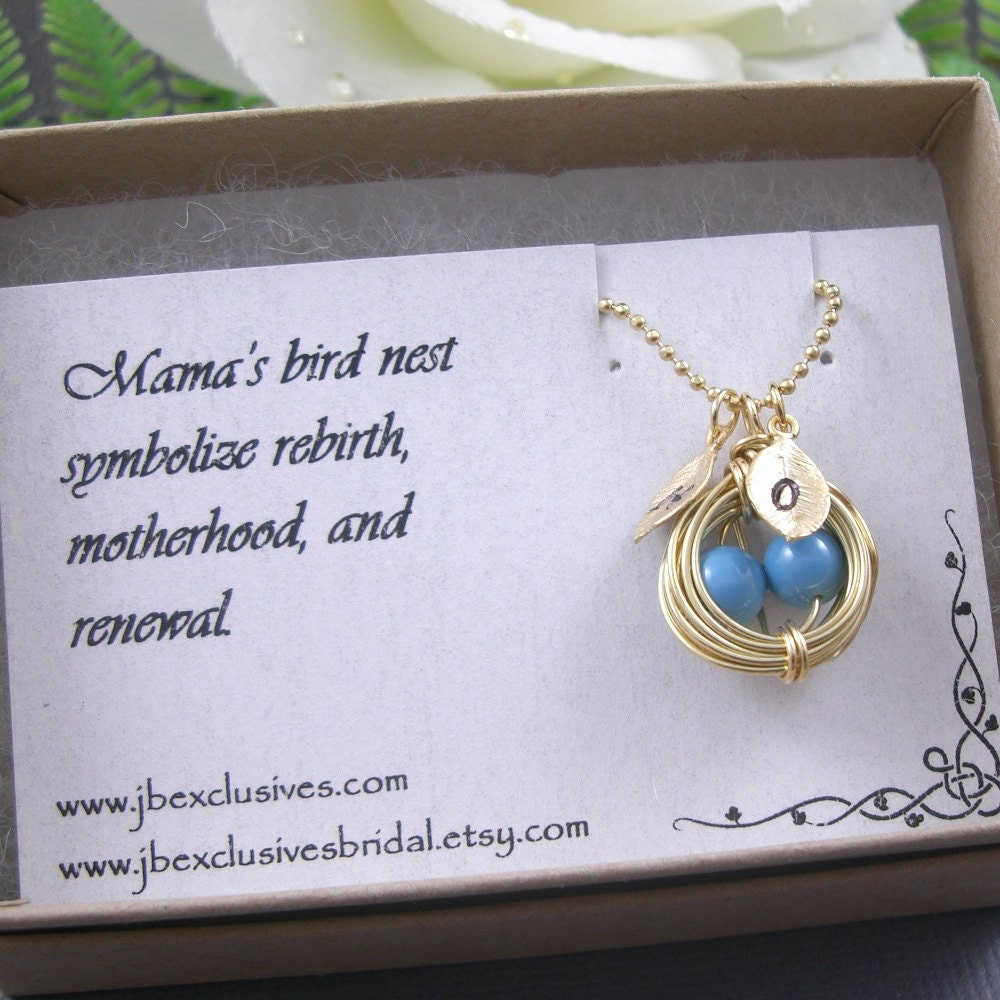 Personalized hand stamped bird nest necklace- 2 eggs nest - wedding jewelry - gold toned -gift for mother of bride, bridesmaid