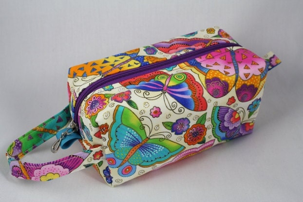 Knitting Boxy pouch, Sock Bag knitting bag or small project pouch. Unique metal zipper pull. Colorful Butterflies