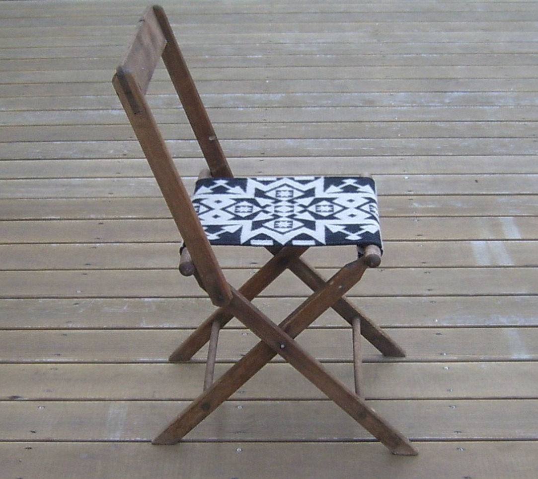 Vintage Oak Folding Chair, Pendleton Wool Seat