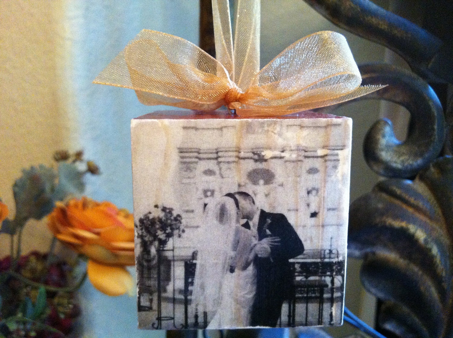 Custom Black and White Wedding Photo Block Ornament or Door Hanger