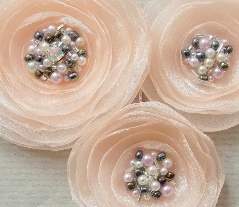 Hair pins, Clips, Brooch, Handmade Birthday, Wedding Gift, Set of 3 Peach Flowers, Women Hair Accessories, Bride, Bridesmaids