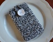 Crocheted Cell Phone Cozy iPhone iPod Blackberry Black & White Cotton White Button
