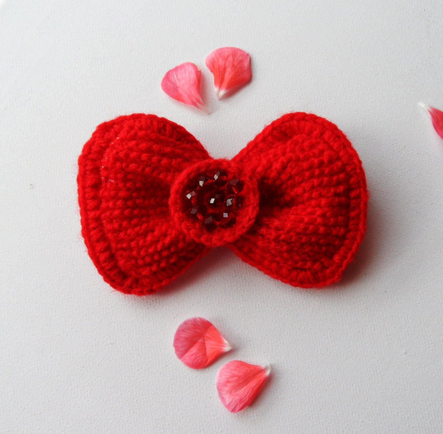 Crochet Red Bow - Brooch Pin Tie Hair Accessory