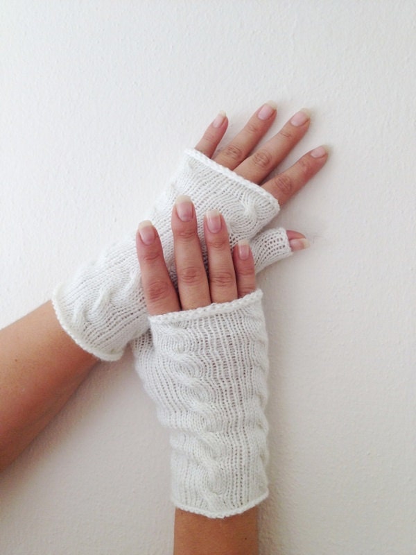 White Wool Fingerless Gloves Armwarmers  Hand Knit Chic Winter Accessories Winter Fashion