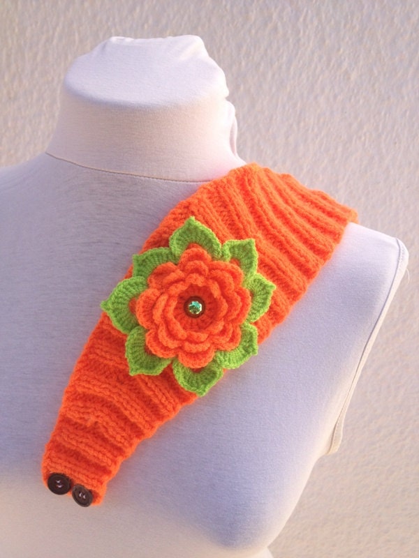 Orange Hand Knitted Headband Ear Warmer with Crochet Flower