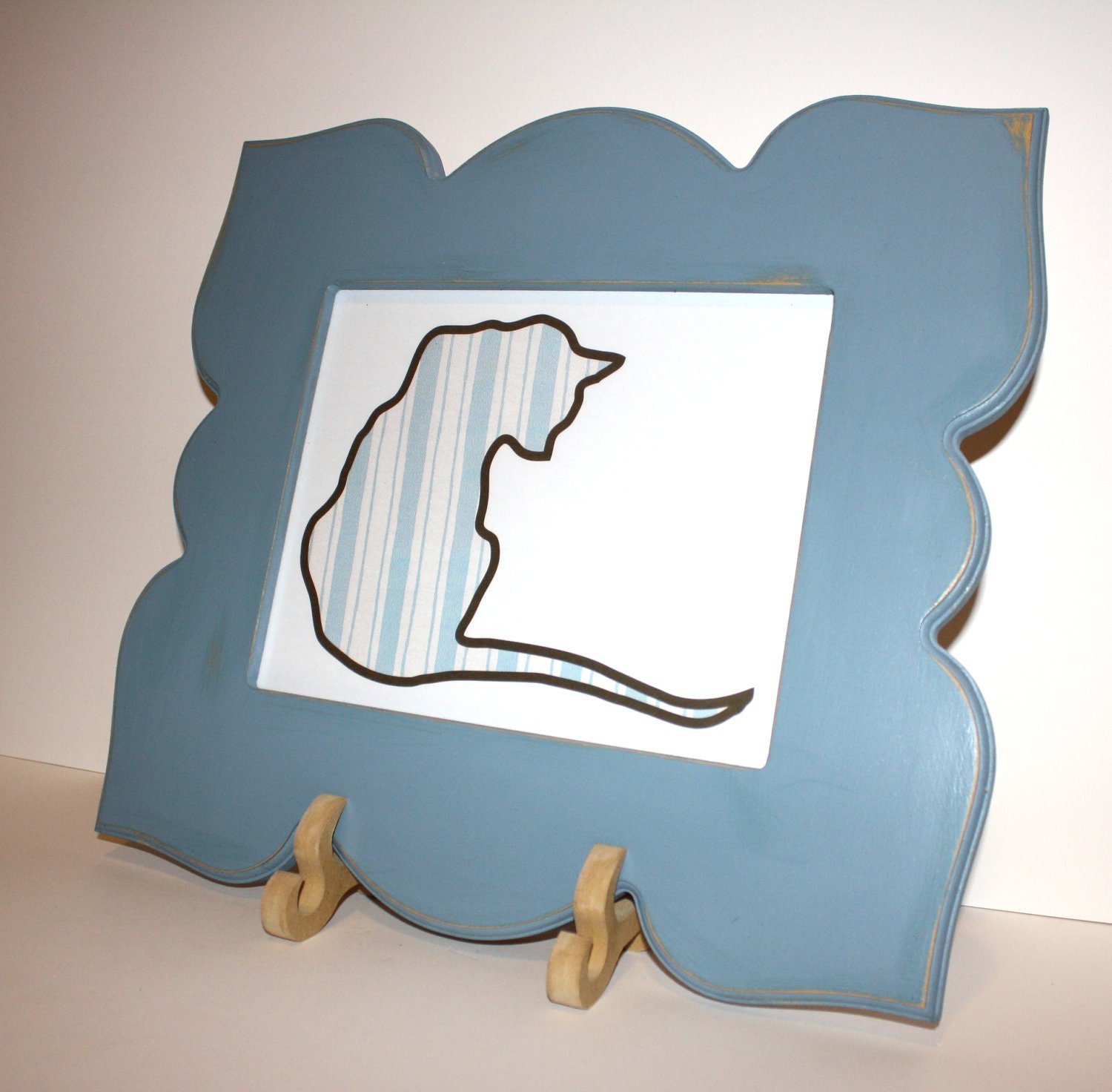 FREE SHIPPING // Cat Print in 8 x 10 Whimsical Blue Frame // Picture // Striped Pattern // OOAK