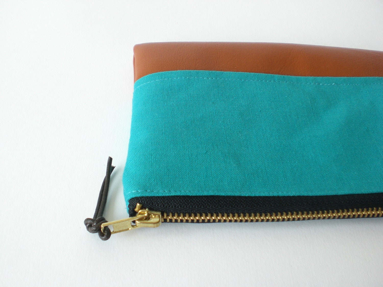 Cosmetic pouch, small zipper bag, Turquoise and Camel Brown with Leopard