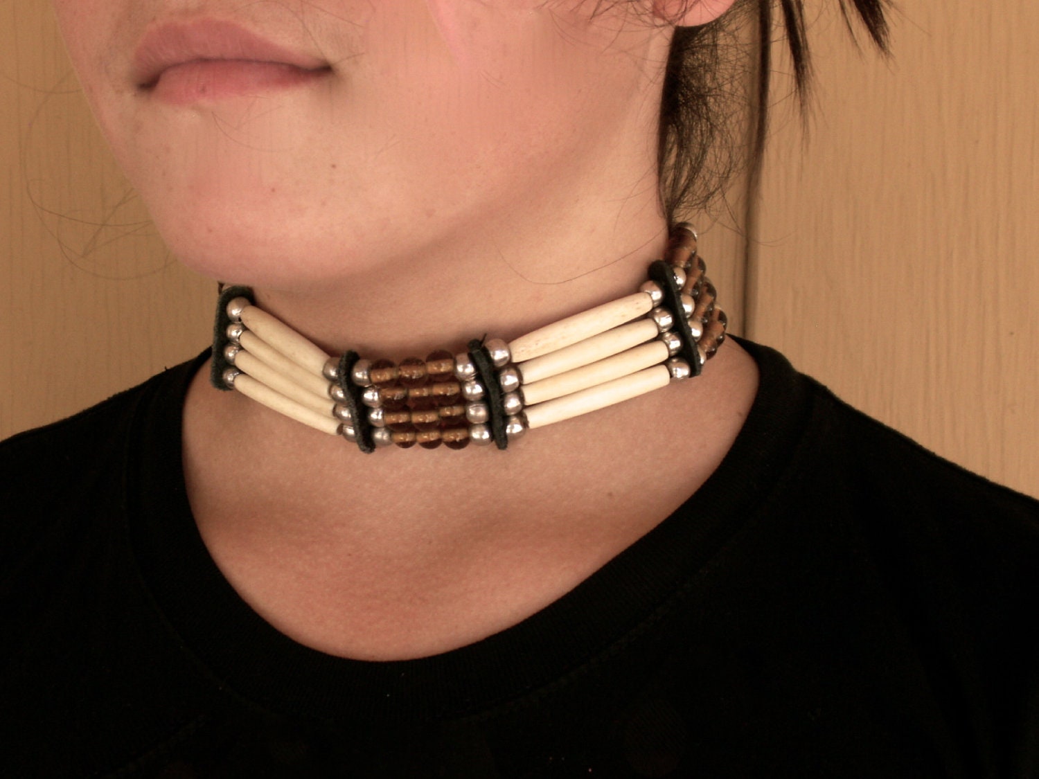 Handcrafted Native American bone n leather choker