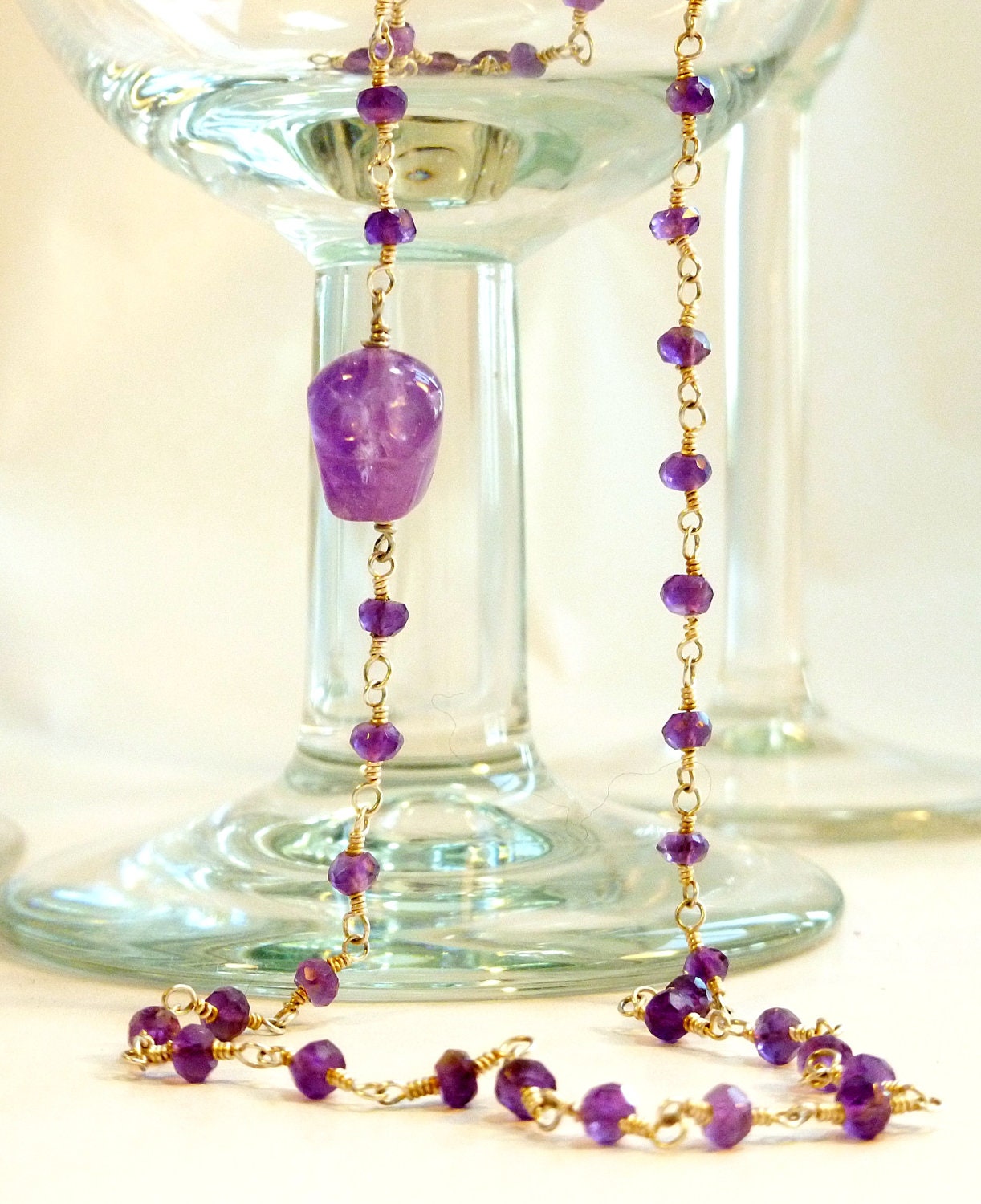 Silver Wire Wrapped Amethyst with Amethyst Skull Long Necklace