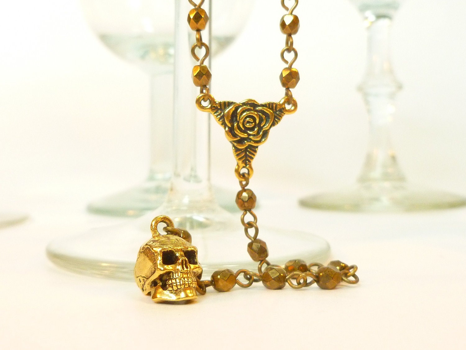 Gold Skull and Roses Extra Long Rosary Style Necklace