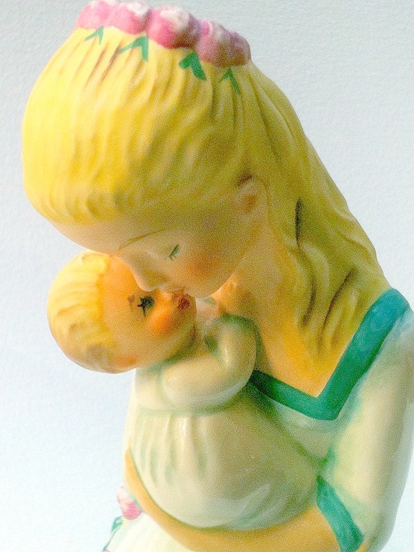 Vintage Mother Embracing Child Figurine 1959 Yellow Teal Pink, New Mother, Baby Shower, HUMMEL Byj 36 Tmk 6 Goebel Teal Rose Yellow White