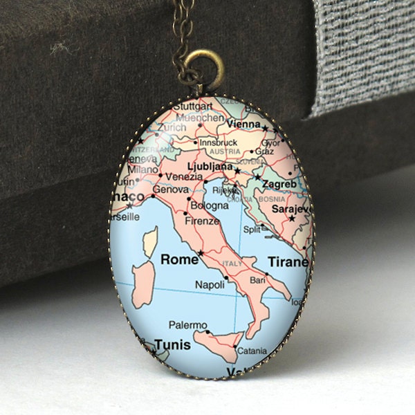 Rome Map Jewelry, Rome Italy Pendant Necklace, Italy Map Necklace, World Traveler Gift, Travel Necklace, Italy Necklace, Italy Jewelry N403