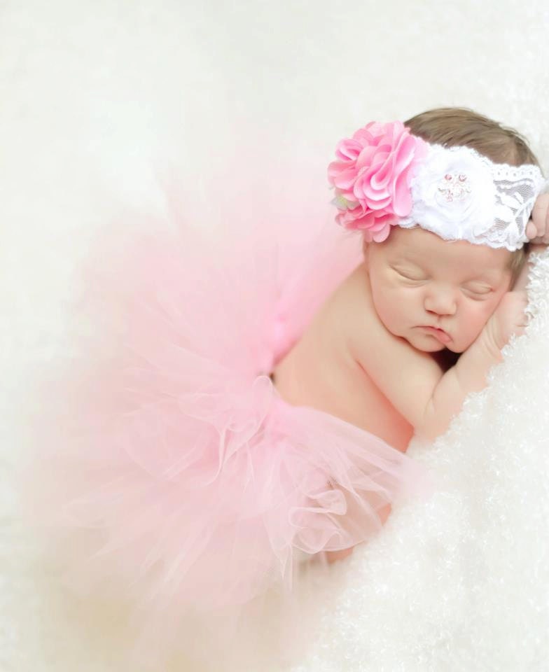 Paris Pink Tutu Newborn Photography Prop with Matching Lace Rhinestone Silk Flower Headband Newborn-5T