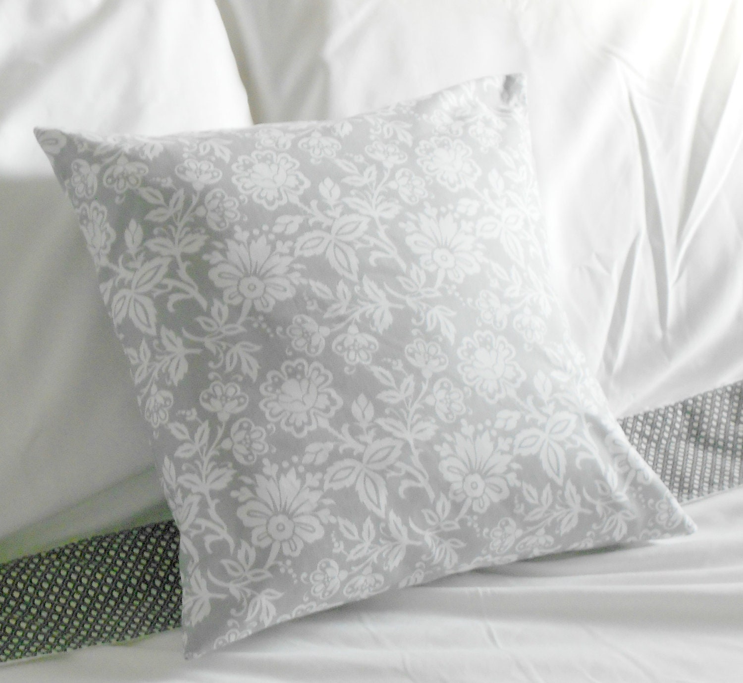 Reserved for Christina Grey White Pillow Cover Floral Design 16 X 16