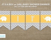 Elephant Printable - Elephant Baby Shower Banner - Elephant Baby Shower - Printable Party - Chevron - Gray - Yellow - Boy - Girl Il_170x135