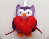 Felt LILAC BABY OWL with love heart handmade hanging animal doll ornament decoration nursery party Valentines Christmas