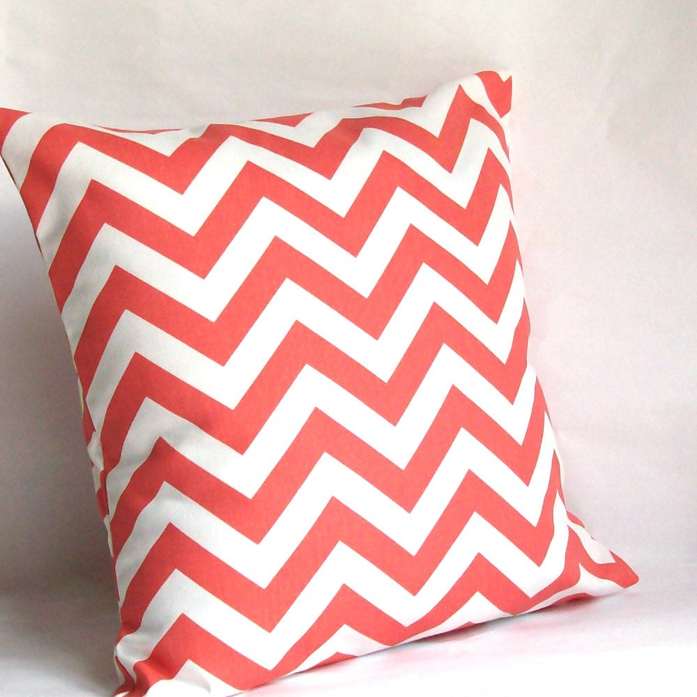 Coral Pillow Cover - 18x18 inch Chevron Decorative Cushion Cover - Coral and White Zig Zag, More Sizes Available