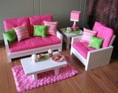 18" Doll Furniture - American Girl sized Living Room - Loveseat / Chair / Coffee Table / End Table / Lamp / Rug - LATE MAY SHIPPING