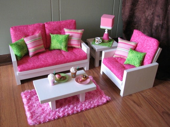 18" Doll Furniture - American Girl sized Living Room - Loveseat / Chair / Coffee Table / End Table / Lamp / Rug - LATE MAY SHIPPING