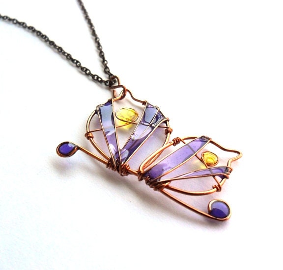 Copper butterfly pendant, purple yellow butterfly, spring pendant, resin pendant, stained glass jewelry,wire necklace - ThePurpleBalloon