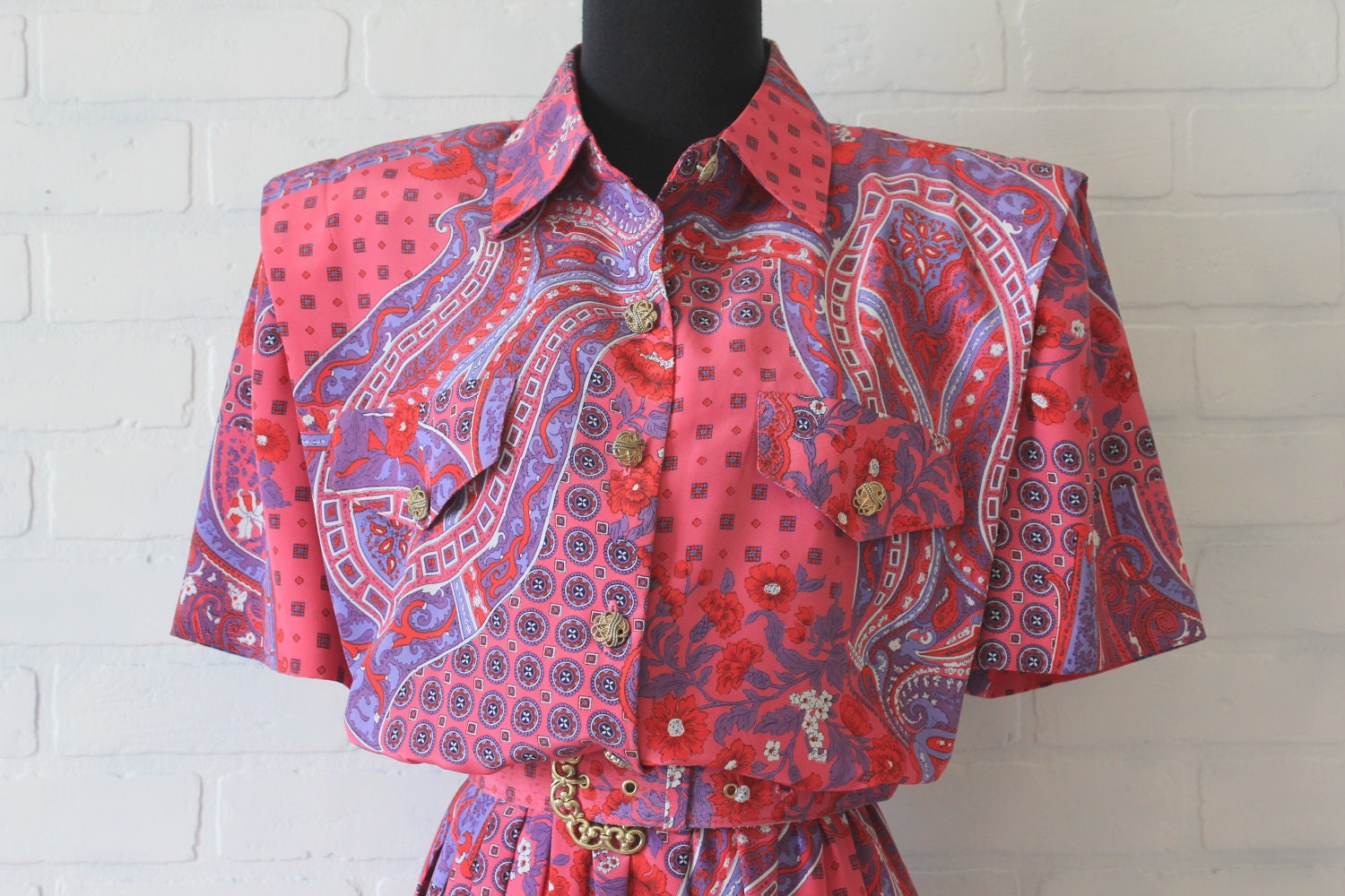 vintage 80s pink paisley shirtwaist dress