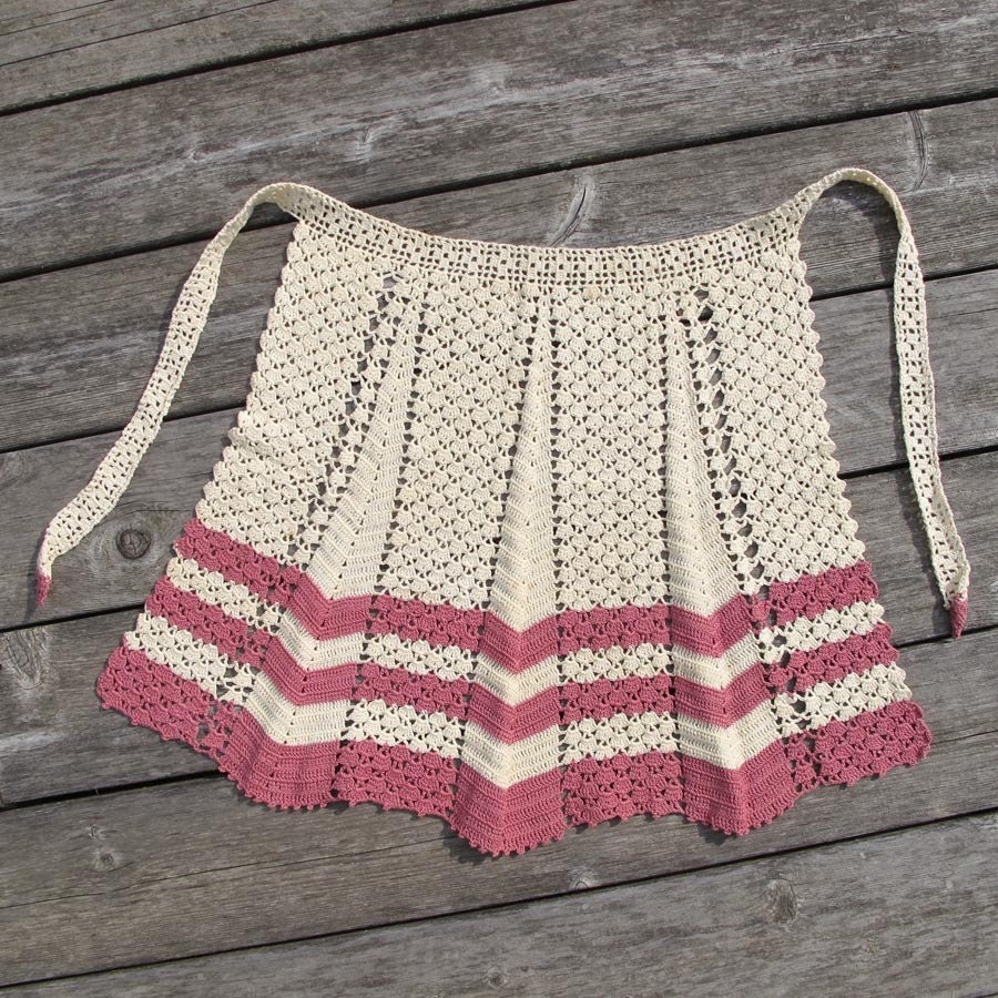 Vintage Crochet Apron in Pink Rose and Cream Stripes and Chevrons