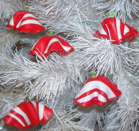 Mini Recycled Record Bowl Candy Cane Striped Christmas Tree Ornaments- Set of 5