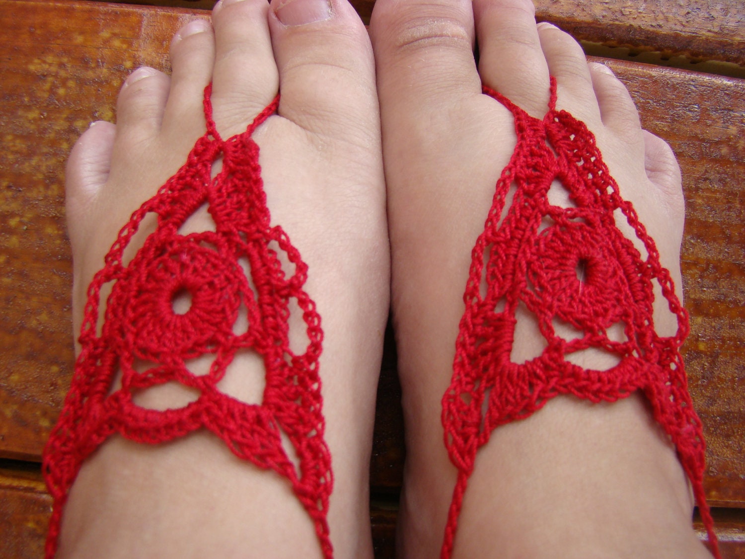 Women or Girls red crochet barefoot sandals with ankle ties
