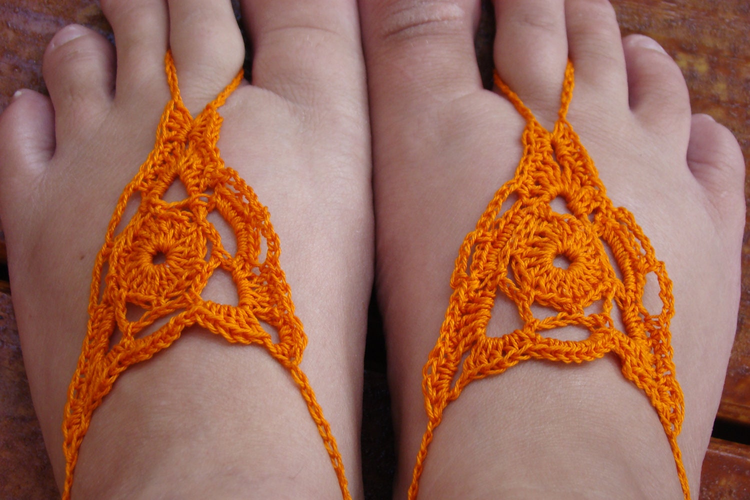 Women or Girls Tangerine Orange Crochet Barefoot Sandals with ankle ties