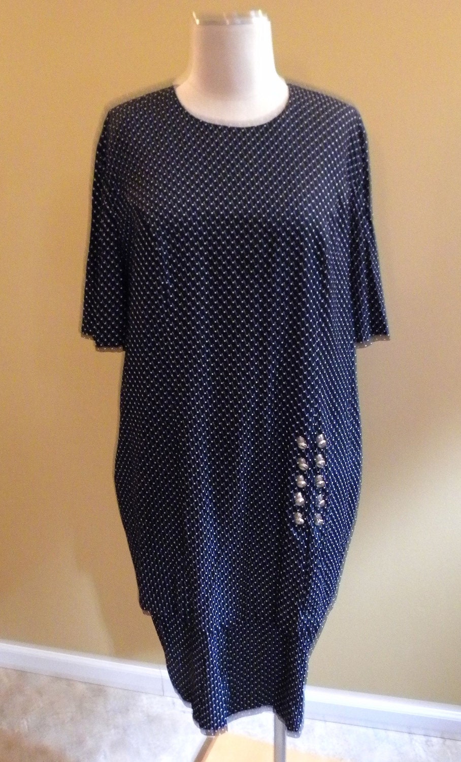 1980s Double Layer Polka Dot Shift Dress w/ Gold Buttons Plus Size XL/2XL