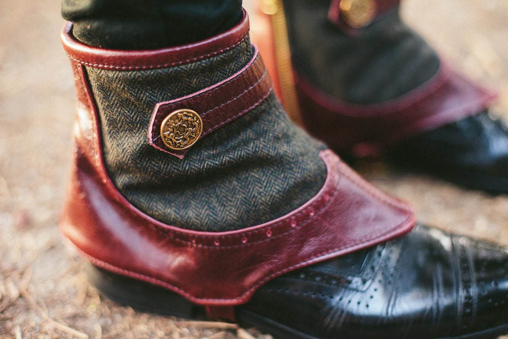 Men's Steampunk spats -oxblood leather and wool herringbone-Ambrose