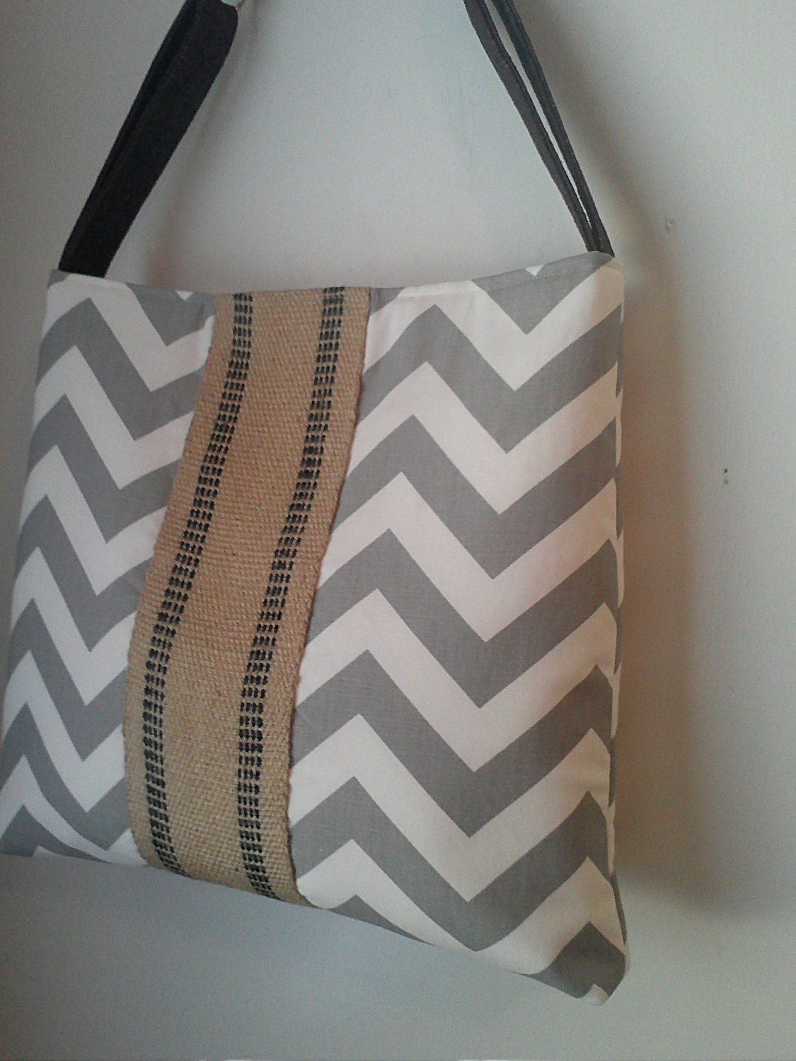 Handbag Tote with Grey Chevron and Jute Webbing