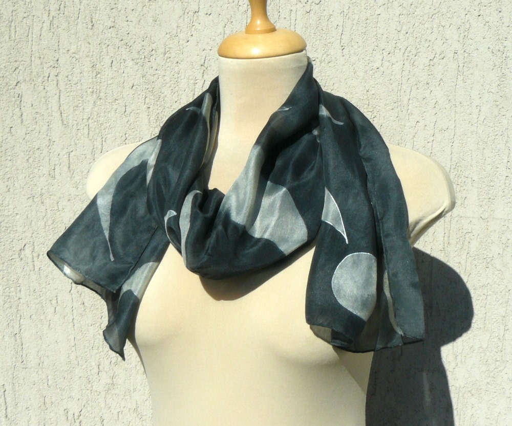 Black silk scarf with gray drops elegant black and gray silk scarf