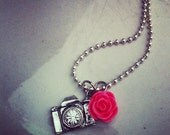 Stunning SILVER CAMERA NECKLACE ready to ship gift / wedding photographer / jewelry diamond center vintage photography present  pink rose