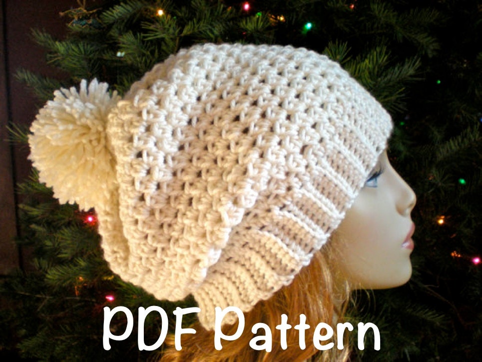 PATTERN:  Snow Bunny Hat, easy crochet, slouch beanie, adult, PDF, textured slouchy hat with pom pom, InsTanT DownLoaD, Permission to Sell